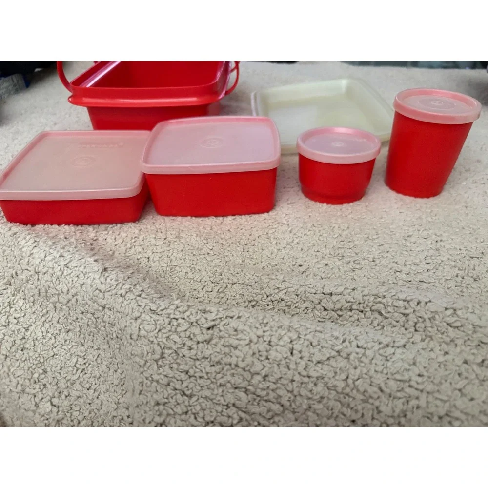Vintage Tupperware Red Picnic Lunch Set Carrier with Lids and Cups 6 Piece